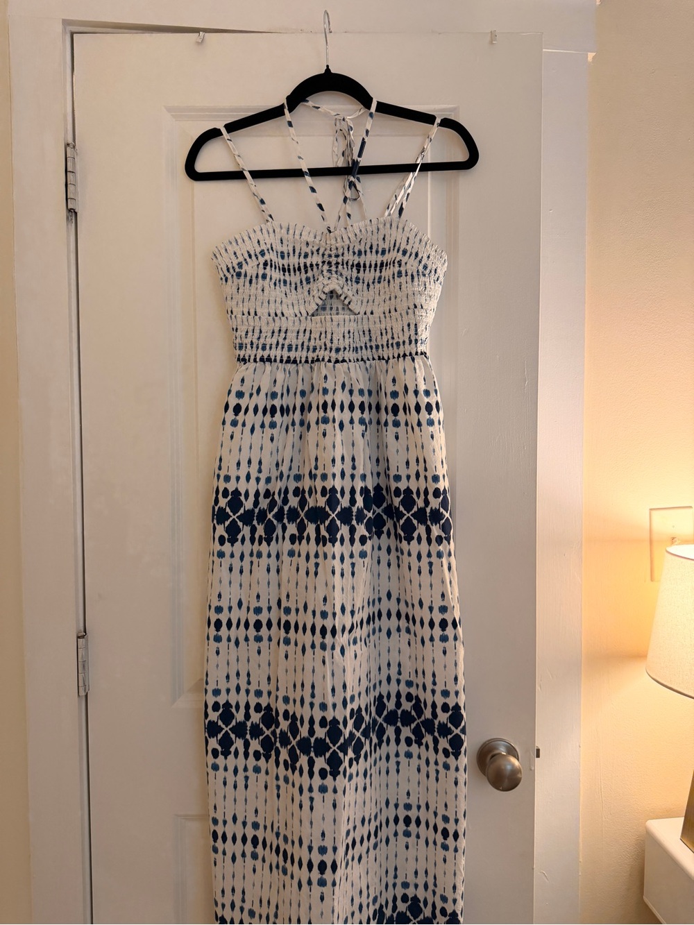 Smocked White and Navy Tie-Dye Maxi Dress